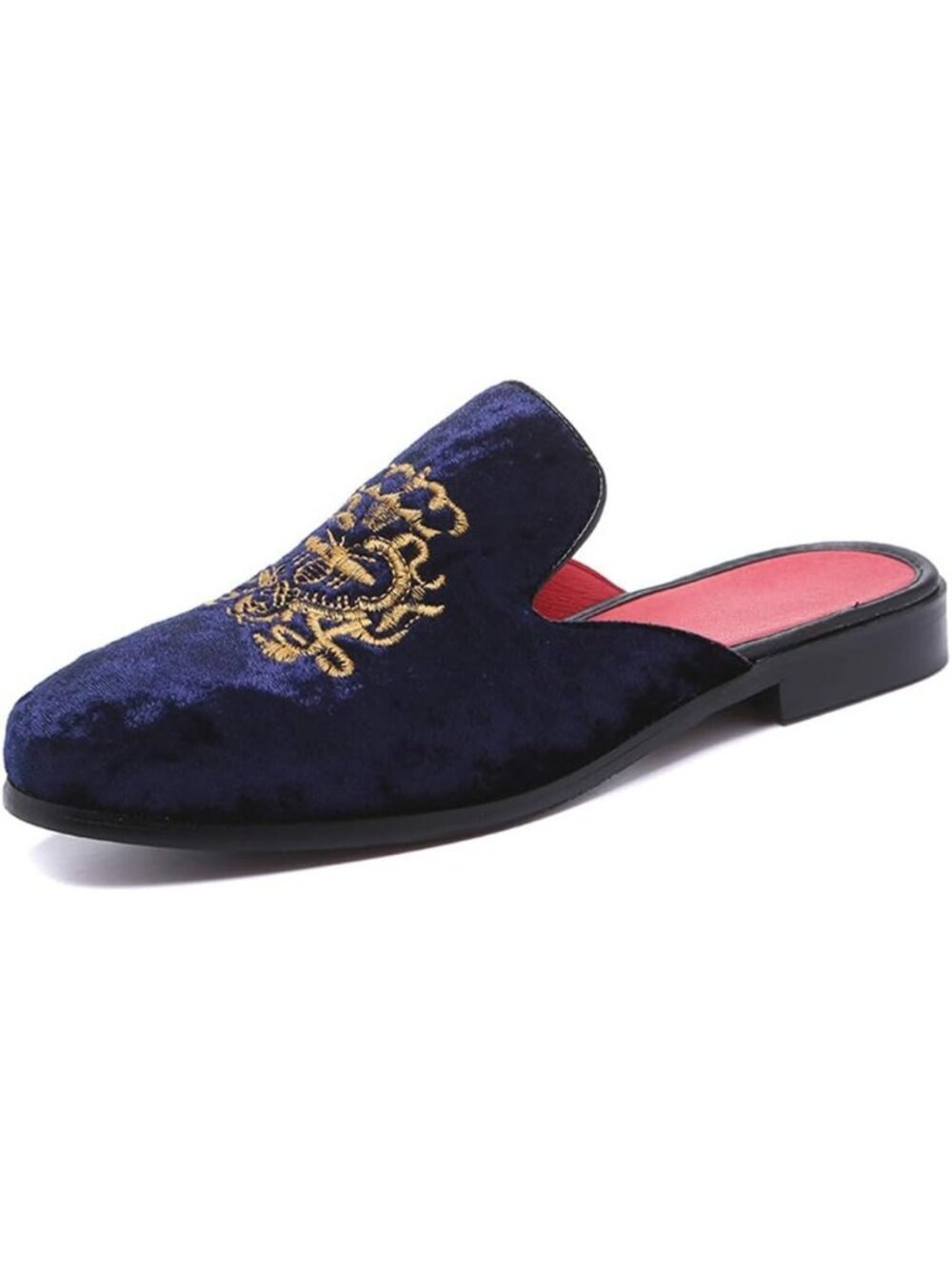 🆕 Men Blue Rubber Velvet Patent Leather Crown Embroidery Slip On Loafer Slipper